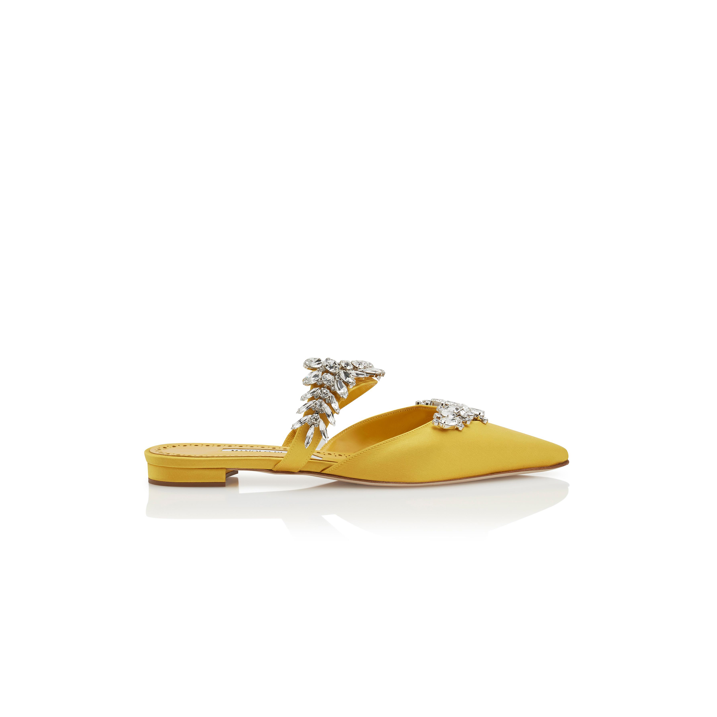 man010 B1ahn*k lurumflatus yellow satin crystal embellished flat mules 122-1947-0004